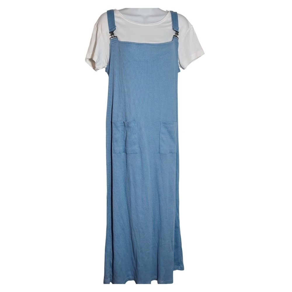 Claudia D Womens M Waffle Knit Pinafore Dress Set Blue White Cottagecore SZ M